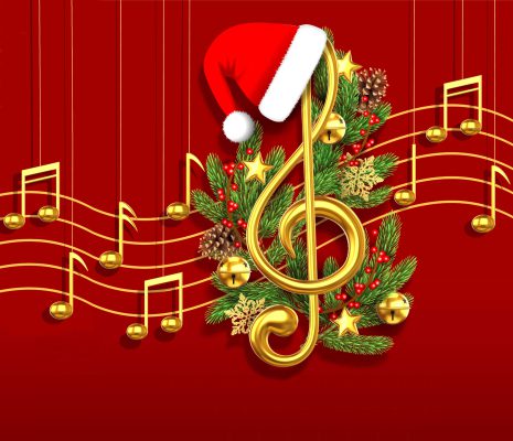 christmas concert flyer with golden musical notes, pine branches and decorations. christmas concert poster vector